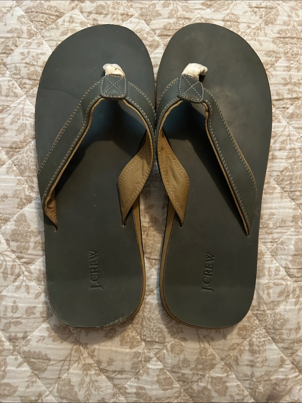 J. Crew Dark Green and Tan Leather Flip Flops